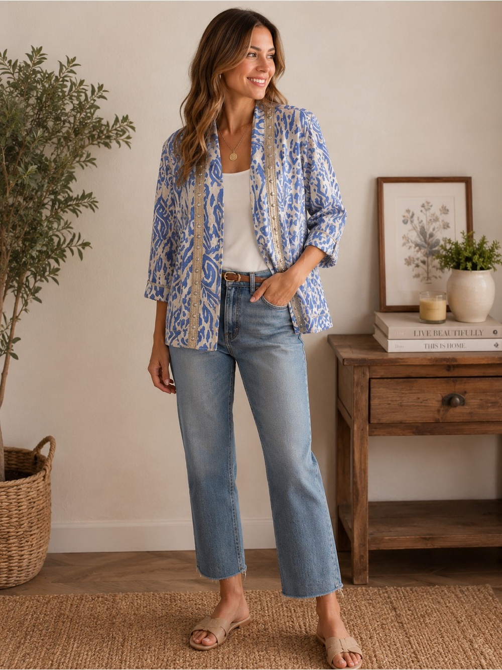 Chicos blue and tan studded linen mix jacket